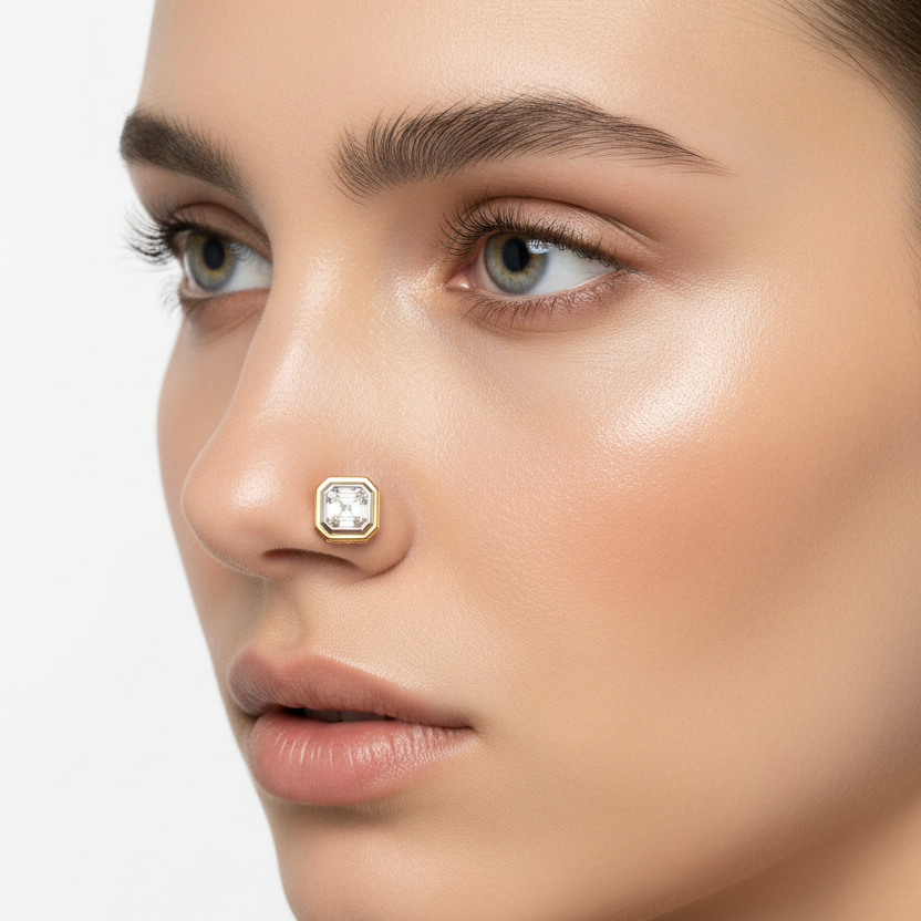 Female model wearing yellow gold emerald-cut diamond nosepin