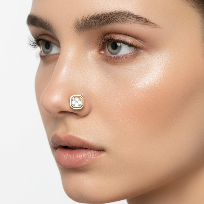 Female model wearing yellow gold emerald-cut diamond nosepin