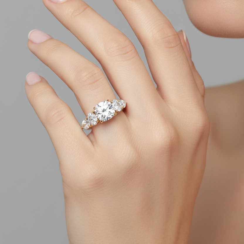Female model wearing yellow gold five-stone diamond engagement ring with cushion center, round brilliant and pear-cut side stones