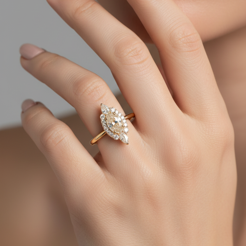 Female model wearing yellow gold marquise diamond halo engagement ring with kite accent points