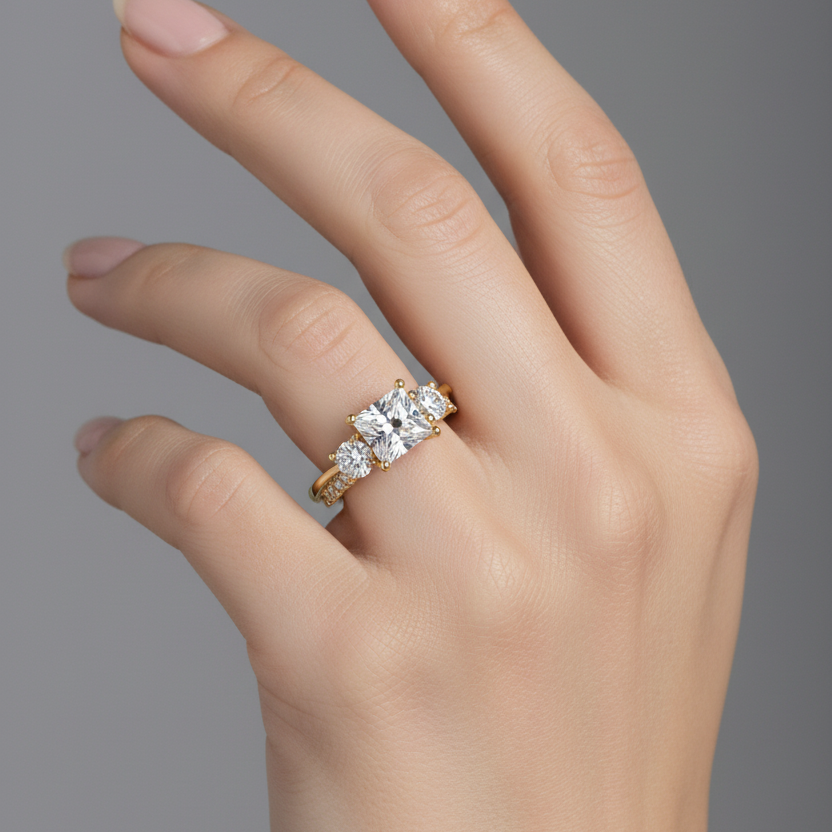 Female model wearing yellow gold princess-cut three-stone diamond engagement ring with graduating pavé band