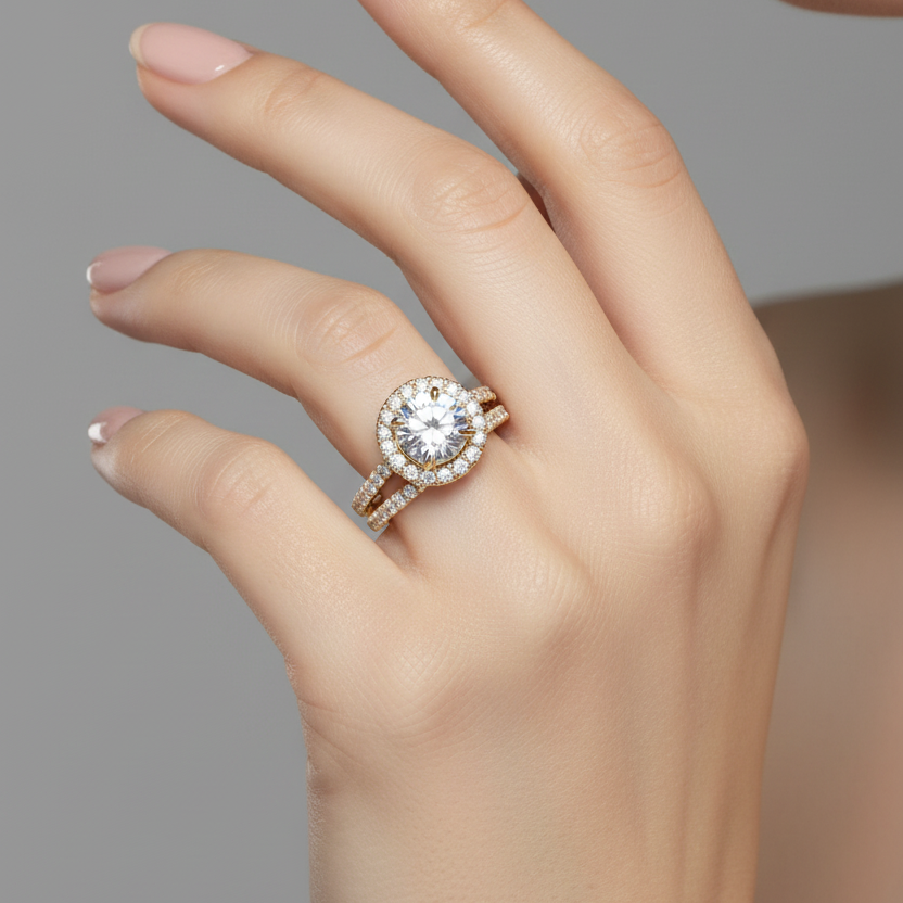 Female model wearing yellow gold round brilliant diamond halo ring with double split shank pavé band