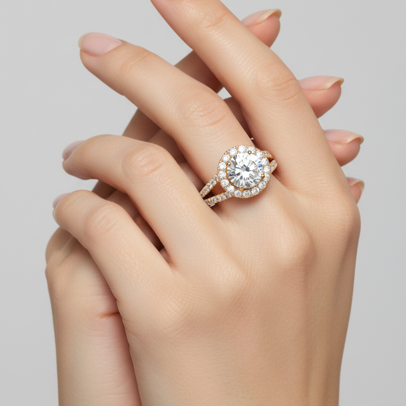 Female model wearing yellow gold round brilliant diamond halo ring with triple-row split shank pavé band