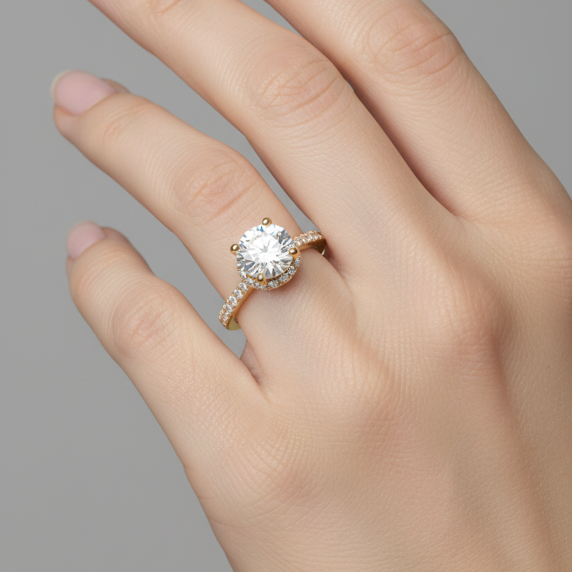 Female model wearing yellow gold round brilliant diamond hidden halo engagement ring with pavé band