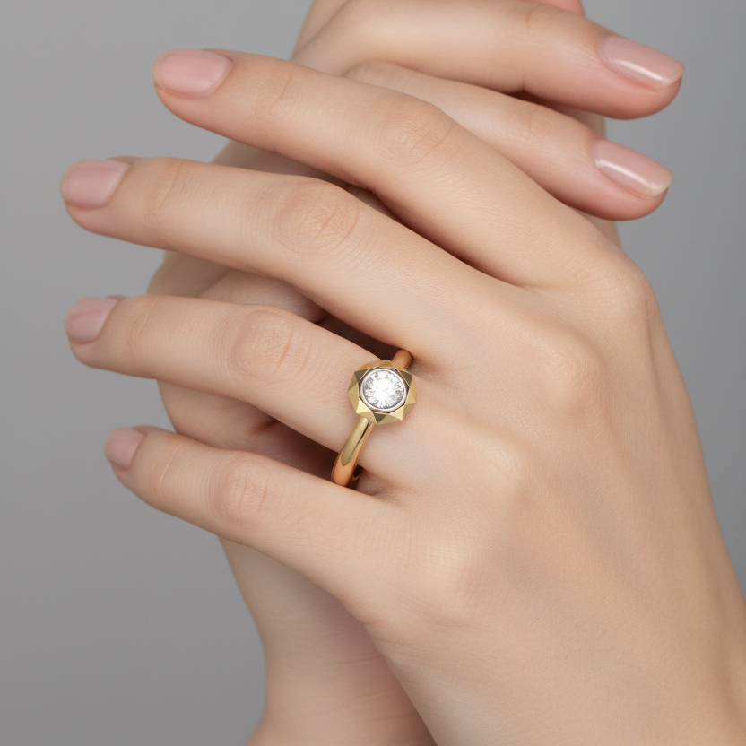 Female model wearing yellow gold round brilliant diamond solitaire ring with bold faceted geometric bezel setting