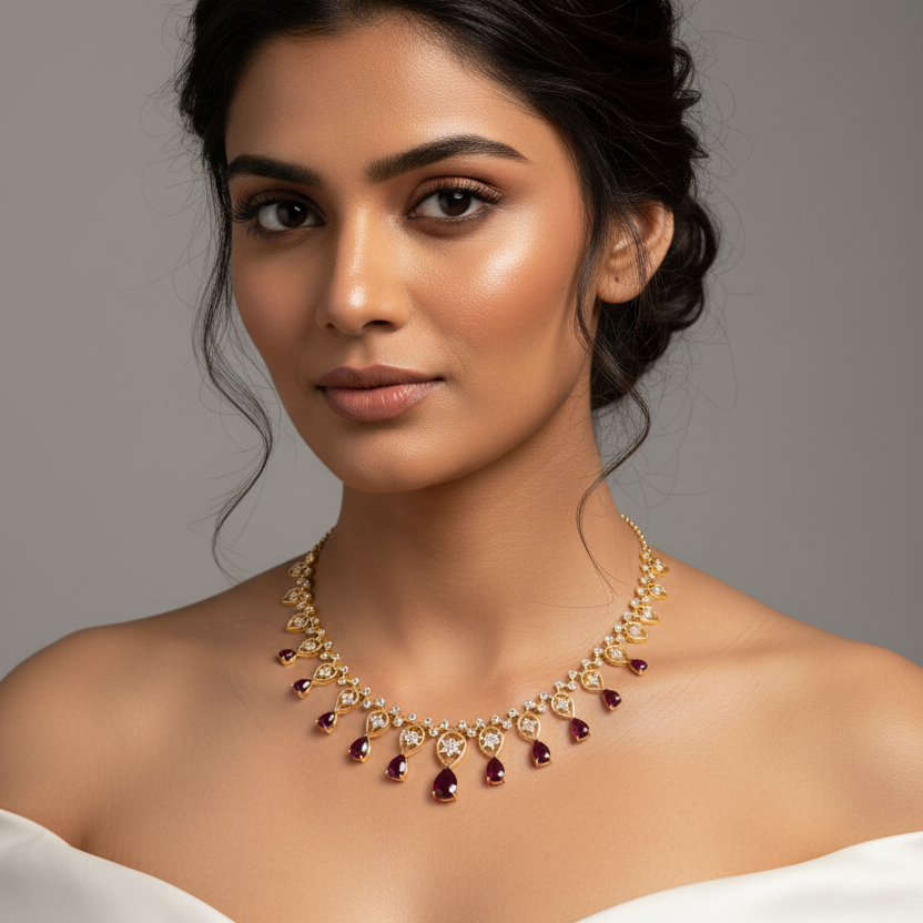 Female model wearing yellow gold ruby and diamond fringe necklace with pear-cut ruby drops and open teardrop frames