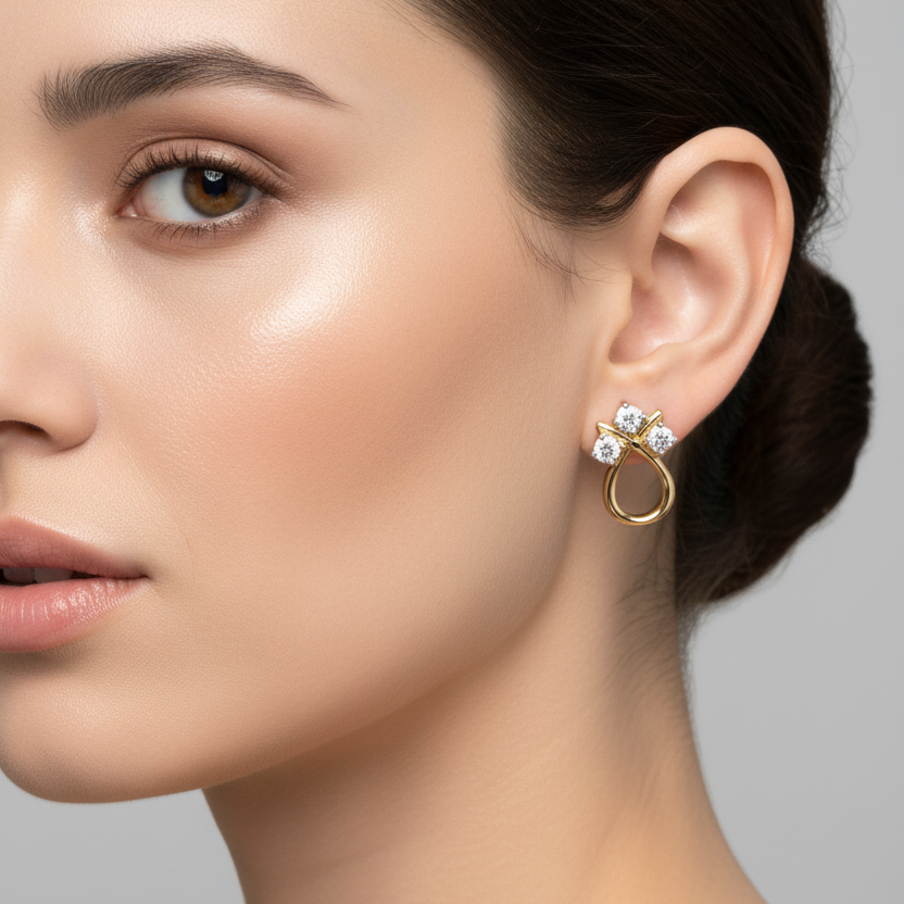 Female model wearing yellow gold sculptural knot diamond stud earrings