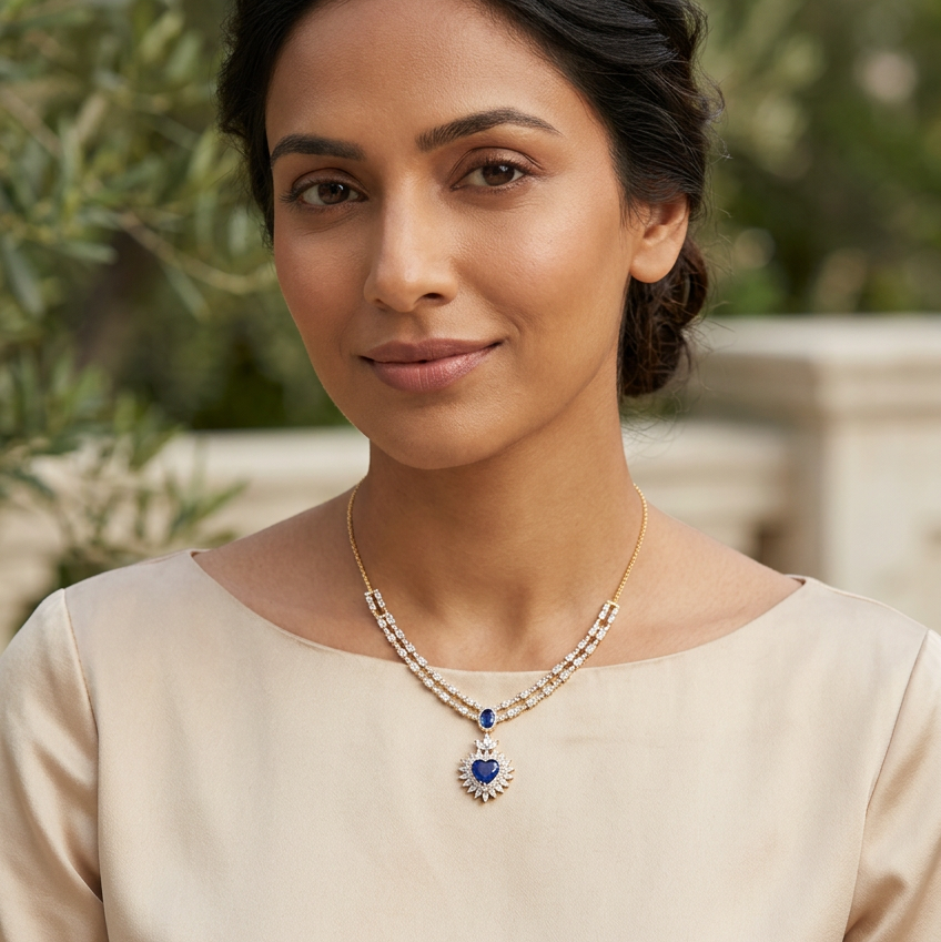 Female model wearing your blue heart necklace at a very small, delicate scale