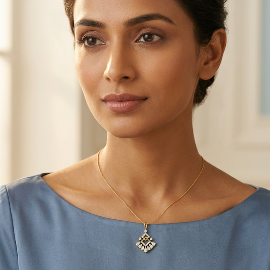 Female model wearing your gold and diamond pendant at a very small, delicate scale