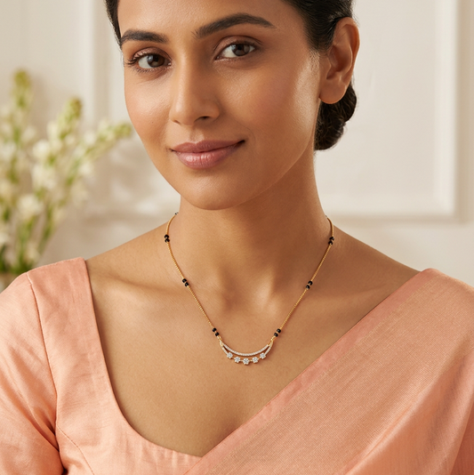 Female model wearing your mangalsutra at a very small, delicate scale