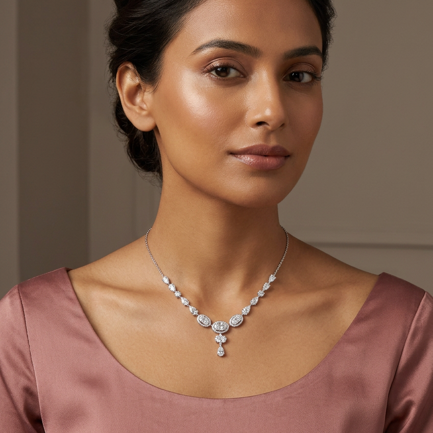 Female model wearing your necklace at a very small, delicate scale