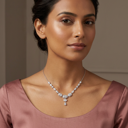 Female model wearing your necklace at a very small, delicate scale
