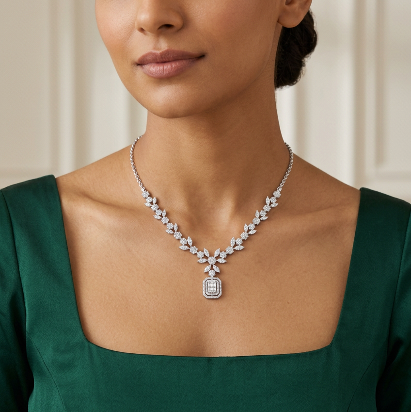 Female model wearing your necklace at a very small, delicate scale