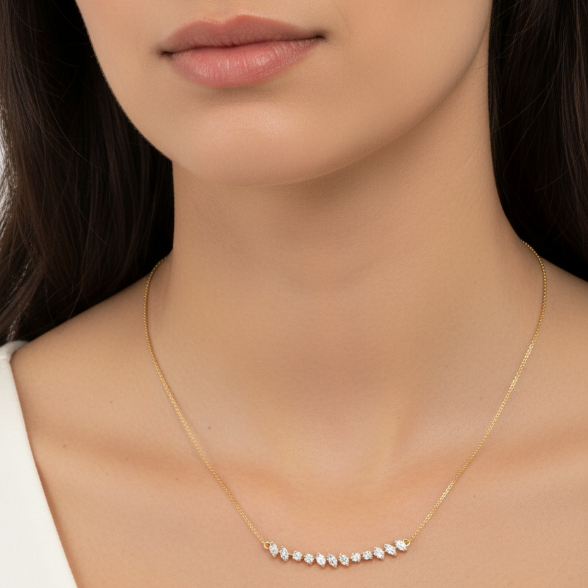 Female model wearing zigzag diamond necklace