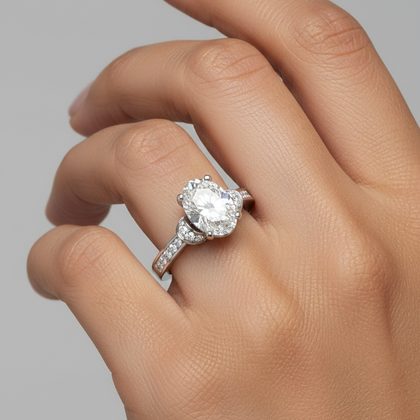 Female model with warm South Asian skin tone wearing white gold oval-cut diamond solitaire engagement ring with crescent pavé gallery and double-row pavé diamond shoulders on wide flat white gold band