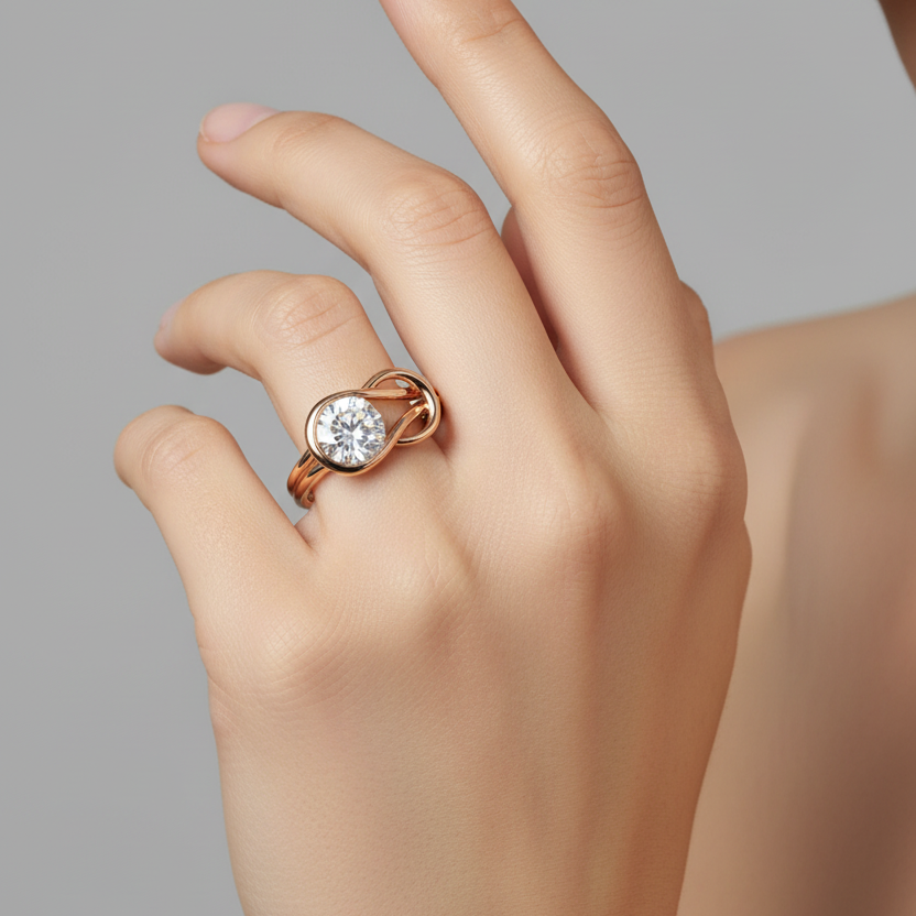 Female model's hand wearing a small rose gold infinity symbol solitaire ring with a slim polished band flowing into a bold flat horizontal infinity figure-eight shape with the left loop containing a large round brilliant diamond set in a smooth complete circular rose gold bezel and the right loop being an open empty mirror loop of equal size the two loops crossing smoothly at the center in a flat X-crossover