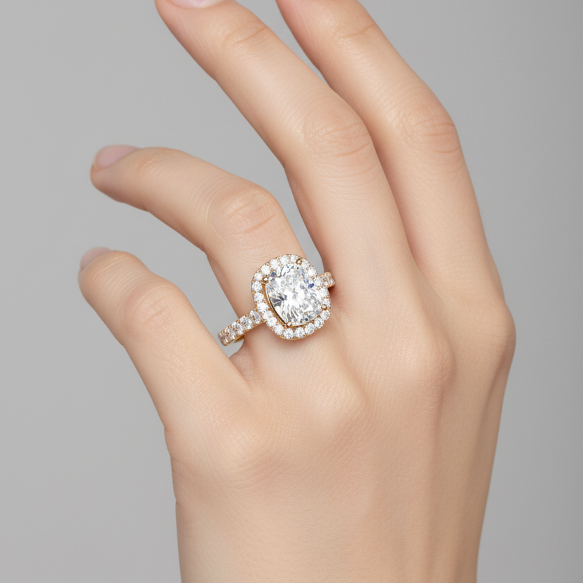 Female model's hand wearing a small yellow gold cushion-cut diamond halo engagement ring with a large cushion-cut diamond at the center in four corner ball-tipped prongs surrounded by a complete cushion-shaped halo of approximately 26-30 round brilliant diamonds in shared pavé prong settings with a tapered band set with graduating round brilliant diamonds in shared pavé prong settings along the top surface on both sides graduating from larger near the halo to smaller toward the bottom shank