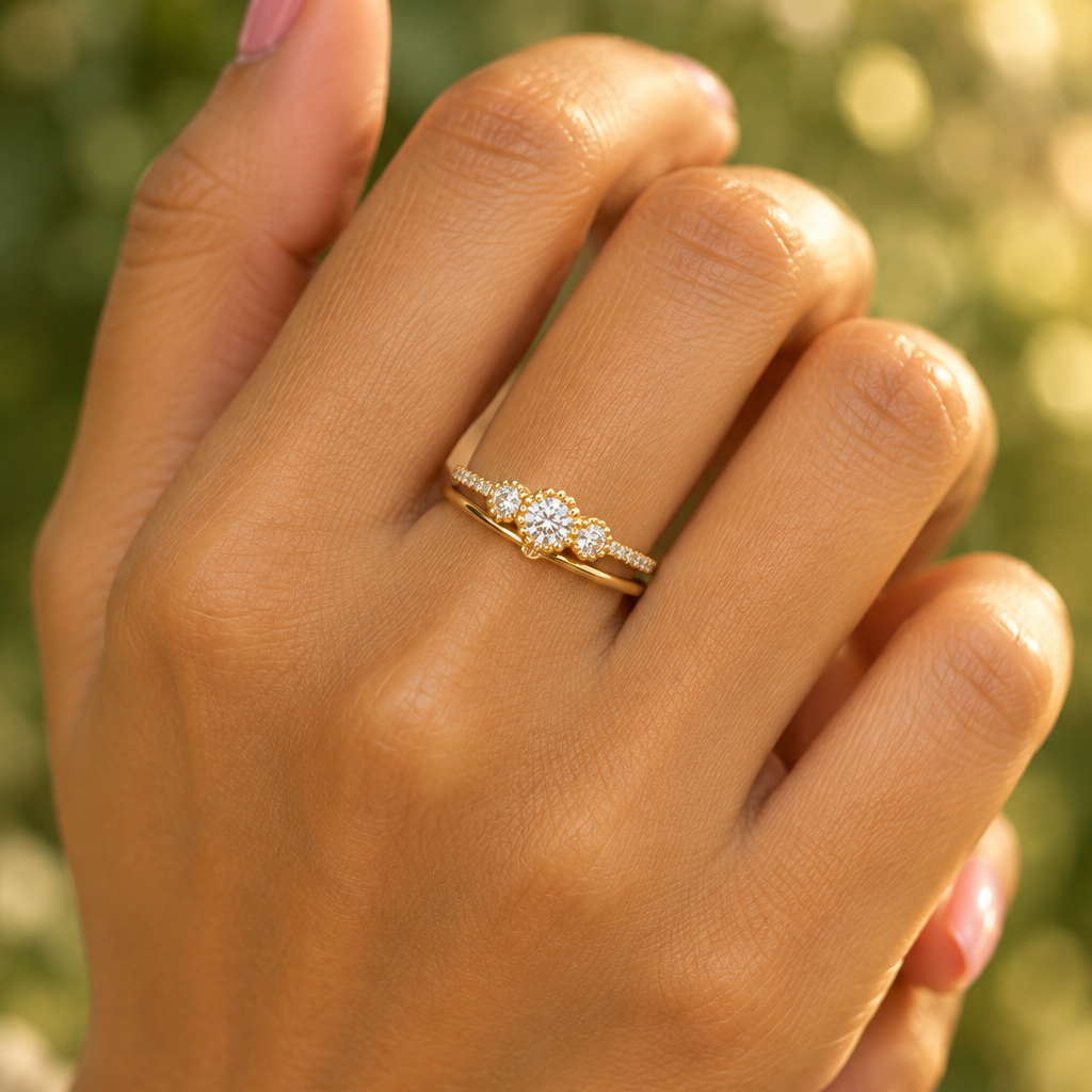 Female model's hand with warm golden Indian skin and soft warm blush dusty pink manicure wearing a very small yellow gold three-stone milgrain diamond ring — a pavé-set yellow gold shank with a larger round brilliant diamond center stone in a round yellow gold milgrain-beaded frame flanked by two smaller round brilliant diamonds each in their own smaller round yellow gold milgrain-beaded frames all three connected in a delicate vintage-inspired trinity cluster with romantic antique Art Deco milgrain bead de