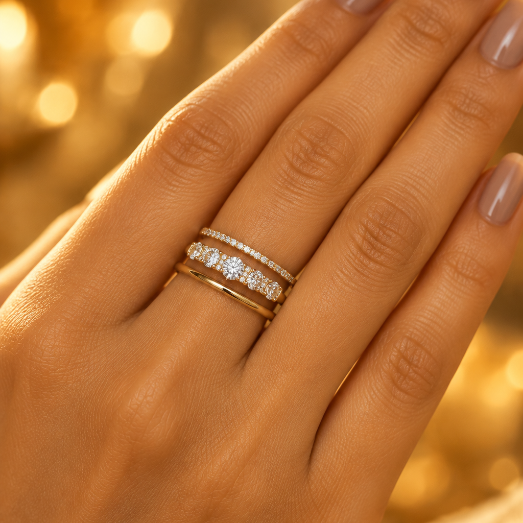 Female model's hand with warm medium golden Indian skin and soft warm taupe greige manicure wearing a very small yellow gold diamond seven-stone bar-set half-eternity band ring — a smooth plain polished yellow gold shank with seven round brilliant diamond solitaires of graduating sizes in individual bar settings across the top front face largest at center flanked by progressively smaller diamonds toward each side with tiny pavé diamond accents between each bar setting for continuous sparkle ring worn alongs