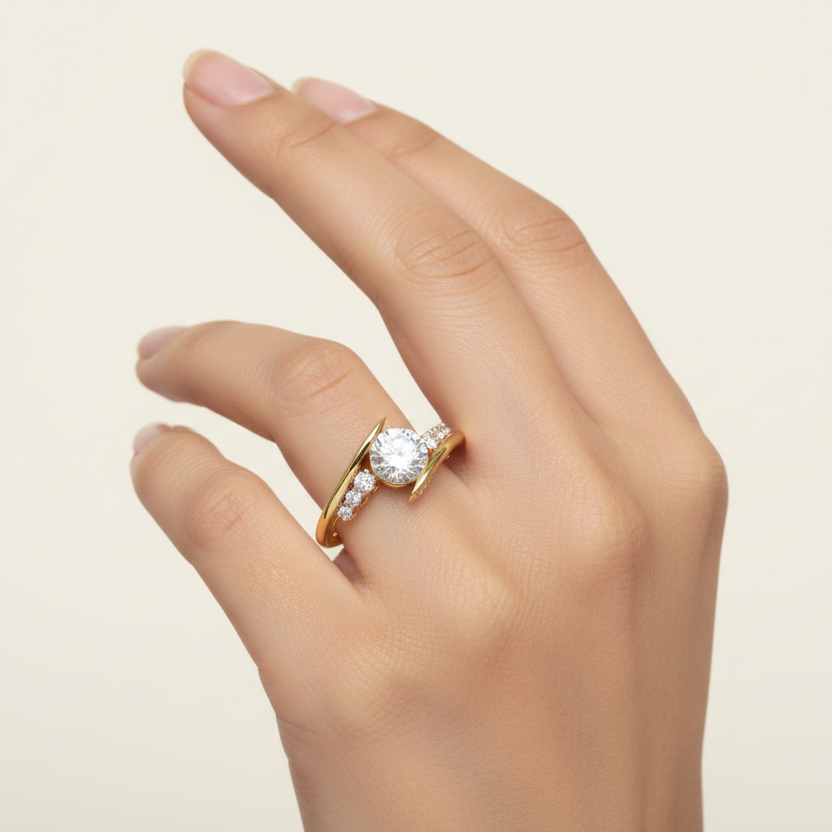 Generated alternate variation - Indian female model wearing the yellow gold bypass tension solitaire ring, side profile editorial shot with natural window lighting