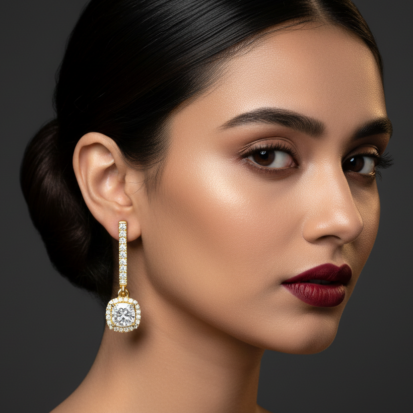 Generated bold fashion editorial variation - Indian female model wearing the yellow gold cushion-cut diamond halo drop earrings with pavé bar, dark moody background with warm golden backlit lighting
