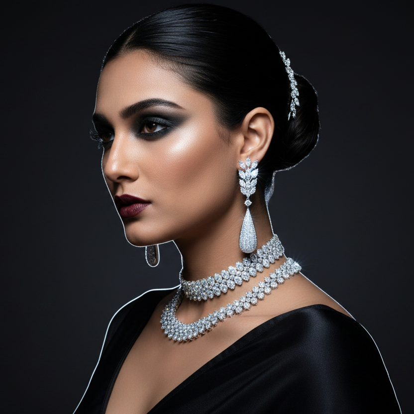 Woman wearing a pearl necklace and earrings against a black background