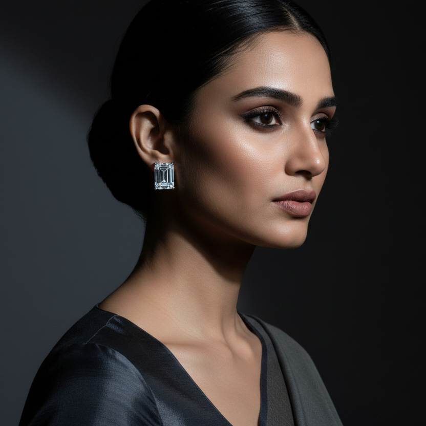 Woman wearing a diamond earring against a dark background
