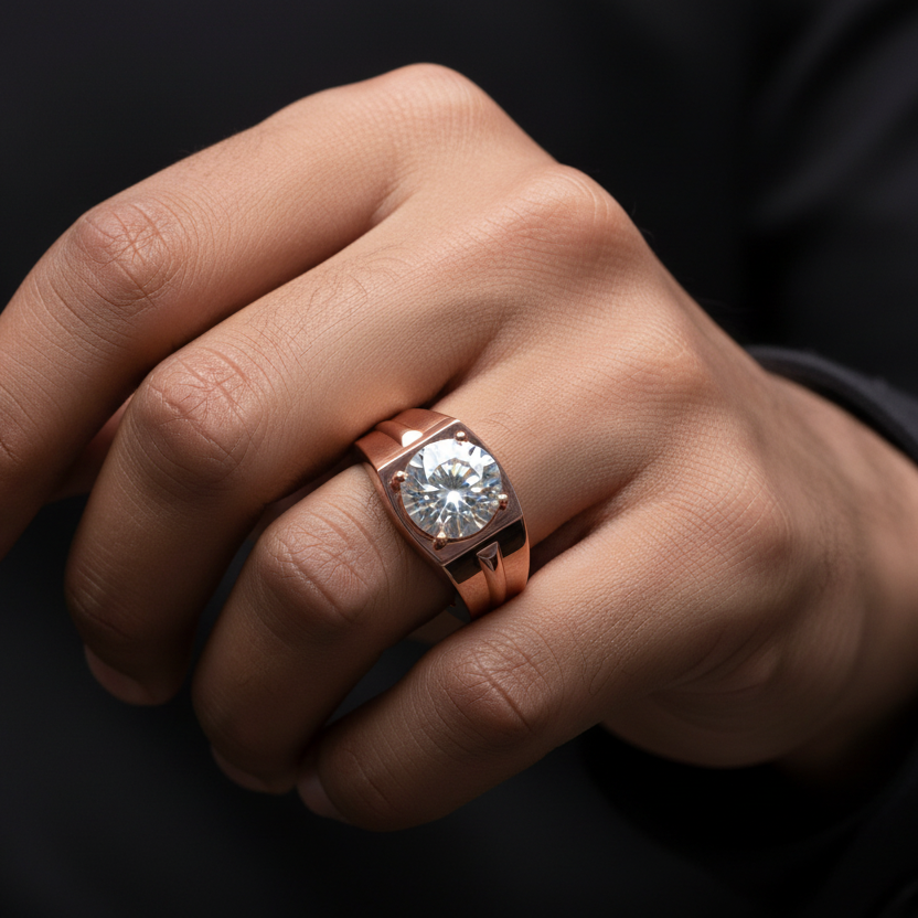 Hand wearing a ring with a diamond on a dark background