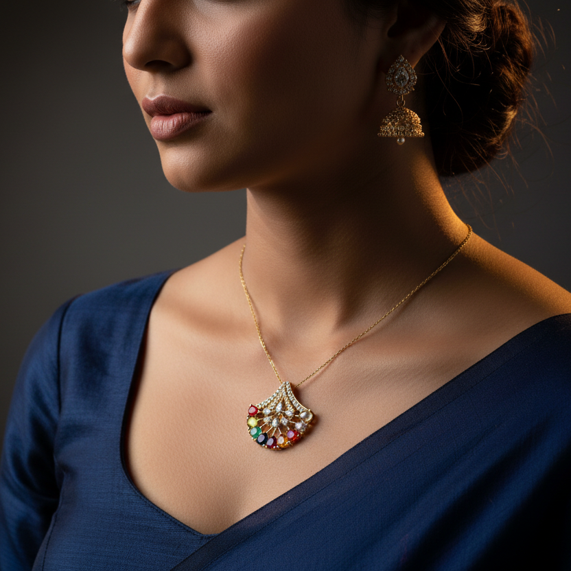 Woman wearing a blue saree with a colorful necklace and earrings against a dark background