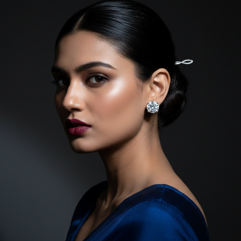 Woman wearing a blue dress with a dark background