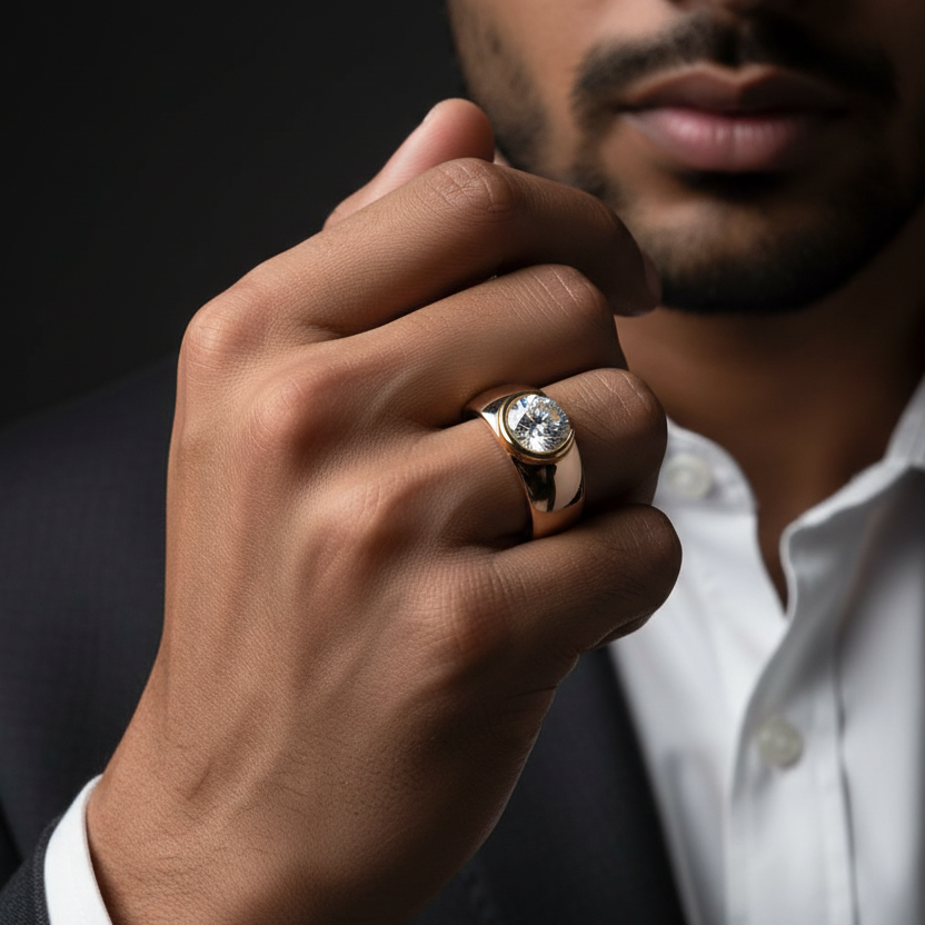 Generated dramatic cinematic male model variation - handsome Indian male model wearing the two-tone rose gold and yellow gold round brilliant diamond solitaire ring with crescent moon yellow gold half-bezel setting flush within a dramatically wide domed plain rose gold shank, strong directional side light against near-black background with powerful confident raised hand pose and dark charcoal suit