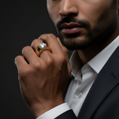 Generated dramatic cinematic male model variation - handsome Indian male model wearing the yellow gold round brilliant diamond solitaire with spectacular six-claw cathedral setting elevated high above a dramatically wide flat-topped architectural signet-style shank, strong directional side light against near-black background with powerful confident raised hand pose and dark charcoal suit