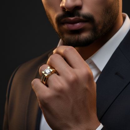 Generated dramatic cinematic male model variation - handsome Indian male model wearing the yellow gold round brilliant diamond solitaire with square four-bar tension setting and wide architectural three-rail shank featuring twisted rope centre rail and two channel-set diamond rails, strong directional side light against near-black background with powerful confident raised hand pose and dark charcoal suit