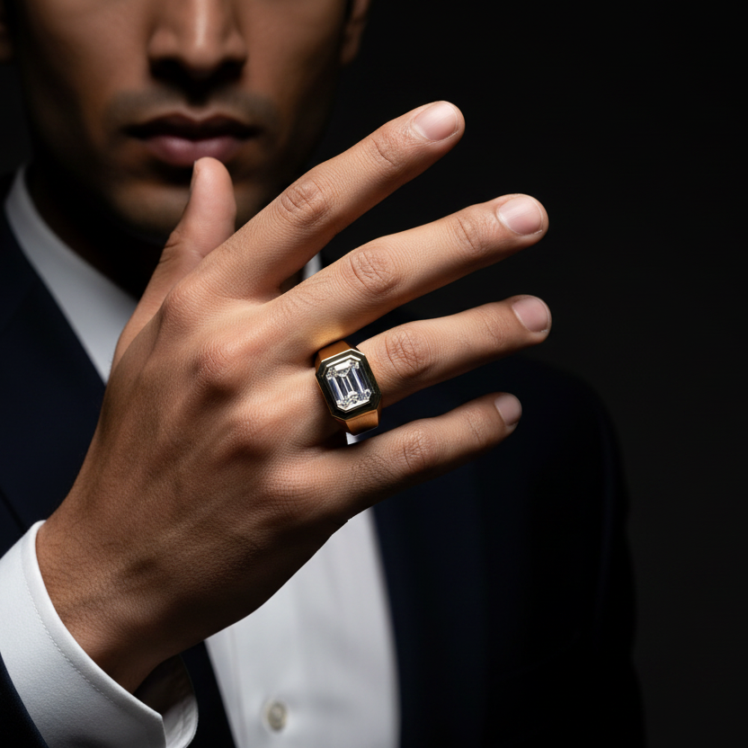 Man wearing a suit with a ring on his finger against a dark background