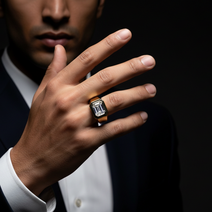 Man wearing a suit with a ring on his finger against a dark background