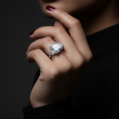 Close-up of a hand wearing a diamond ring against a dark background