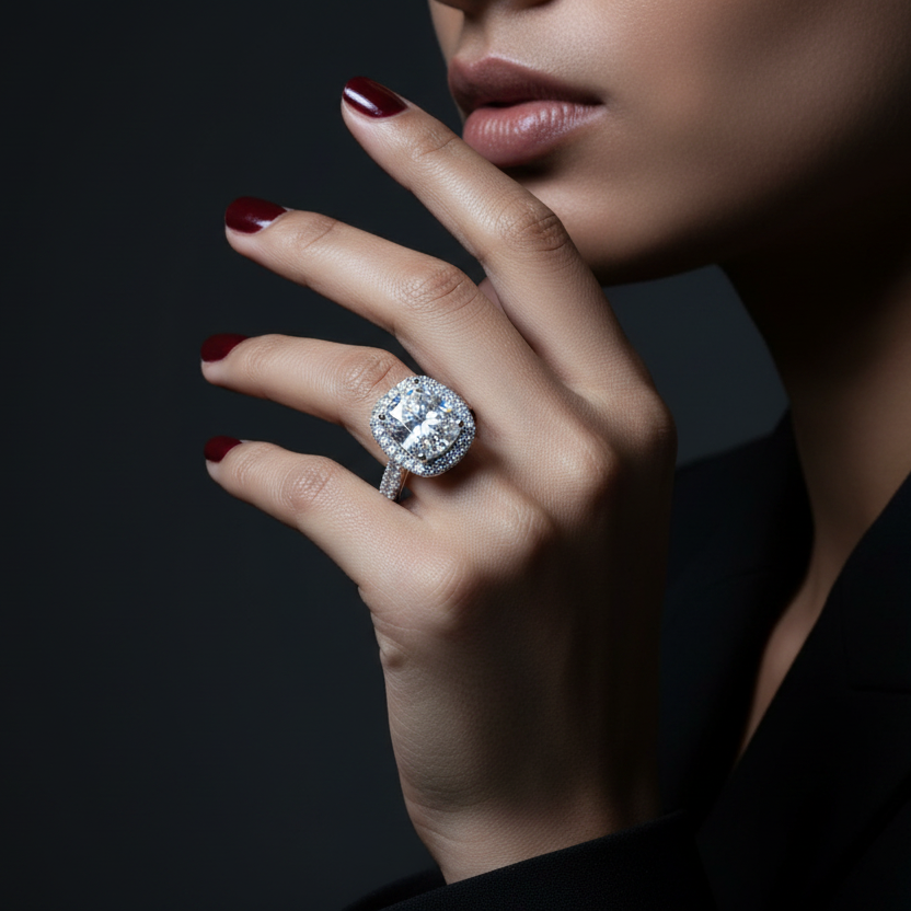 Generated dramatic cinematic studio editorial side-profile variation - beautiful Indian female model wearing the white gold cushion-cut diamond halo engagement ring, strong directional side light against near-black background showing the spectacular elevated height of the cushion halo cluster and gorgeous graduating pavé shank profile, all diamonds blazing with extraordinary icy prismatic fire and cool silver-white rim glow, deep red nails and dark navy sleeve