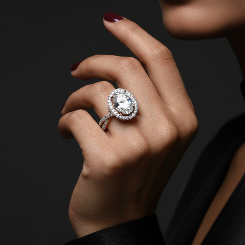Hand wearing a diamond ring against a dark background