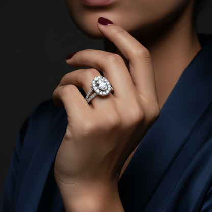 Close-up of a hand wearing a diamond ring with a dark background