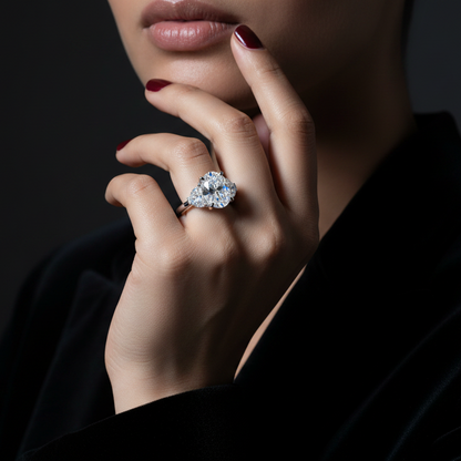 Generated dramatic cinematic studio editorial variation - beautiful Indian female model wearing the white gold oval-cut diamond trilogy ring with half-moon side stones, strong directional side light against near-black background with dramatic three-quarter angle showing the very large oval-cut centre diamond blazing with extraordinary icy prismatic fire and both substantial half-moon side stones scintillating simultaneously with cool silver-white rim glow, deep red nails and dark navy sleeve