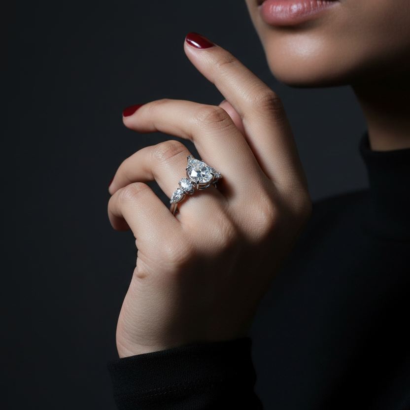 Generated dramatic cinematic studio editorial variation - beautiful Indian female model wearing the white gold pear-cut diamond five-stone engagement ring, strong directional side light against near-black background with dramatic three-quarter angle showing the spectacular large pear-cut centre diamond blazing with extraordinary icy prismatic fire and all four graduating round brilliant side stones scintillating simultaneously with cool silver-white rim light, deep red nails and dark navy sleeve