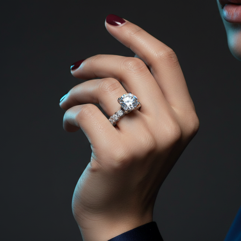 Close-up of a hand wearing a diamond ring on a dark background