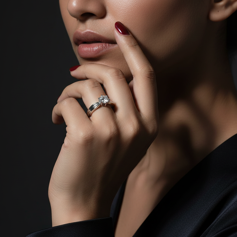 Close-up of a woman's hand with a diamond ring on a dark background