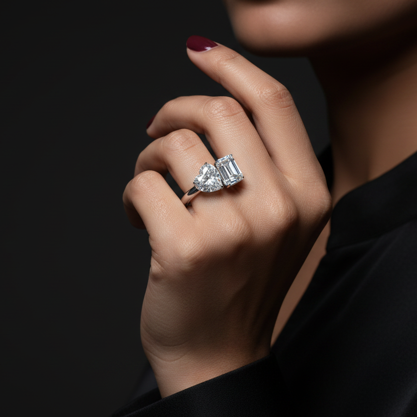Hand wearing a diamond ring against a dark background