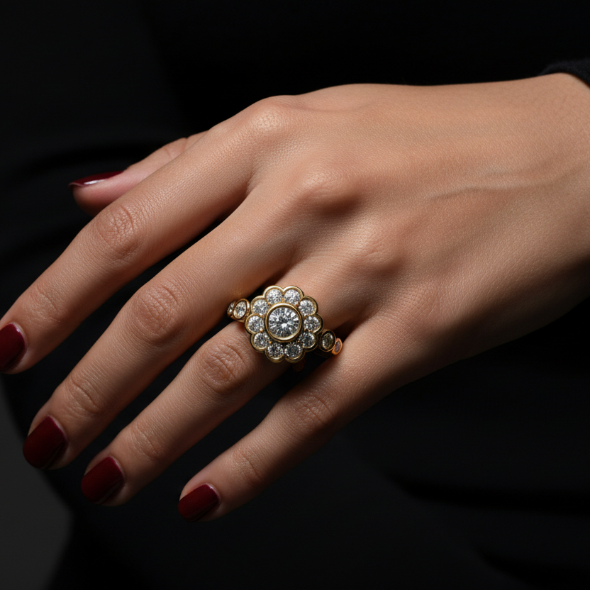 Generated dramatic cinematic studio editorial variation - beautiful Indian female model wearing the yellow gold bezel-set floral cluster ring, strong directional side light against near-black background with face-on overhead angle showing the full spectacular scalloped daisy floral face with centre bezel diamond and all eight halo diamonds blazing with extraordinary icy prismatic fire and warm golden rim light across the scalloped yellow gold floral frame, deep red nails and dark navy sleeve