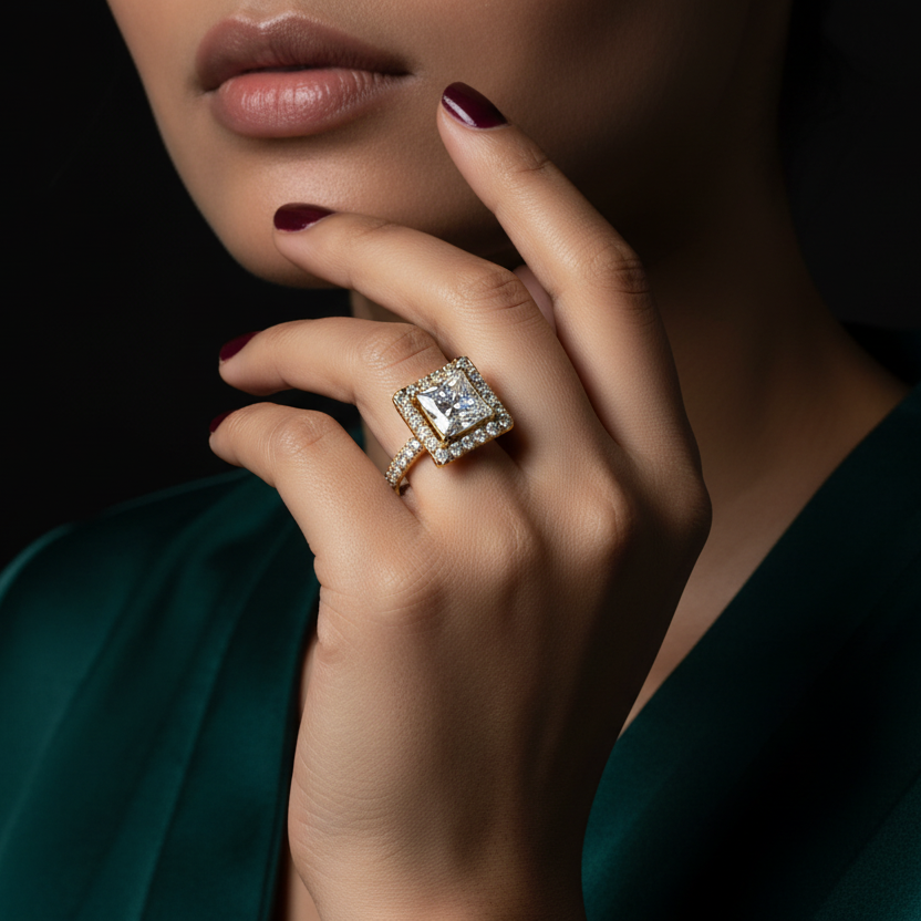 Close-up of a hand wearing a diamond ring with a dark background