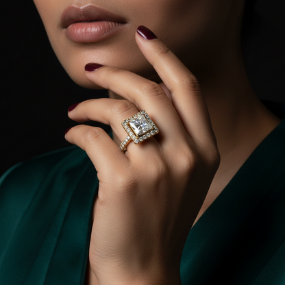 Close-up of a hand wearing a diamond ring with a dark background