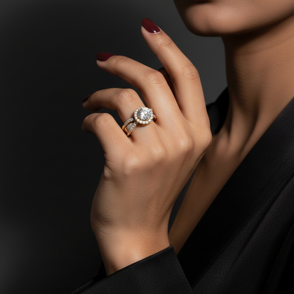 Close-up of a hand wearing a diamond ring on a dark background