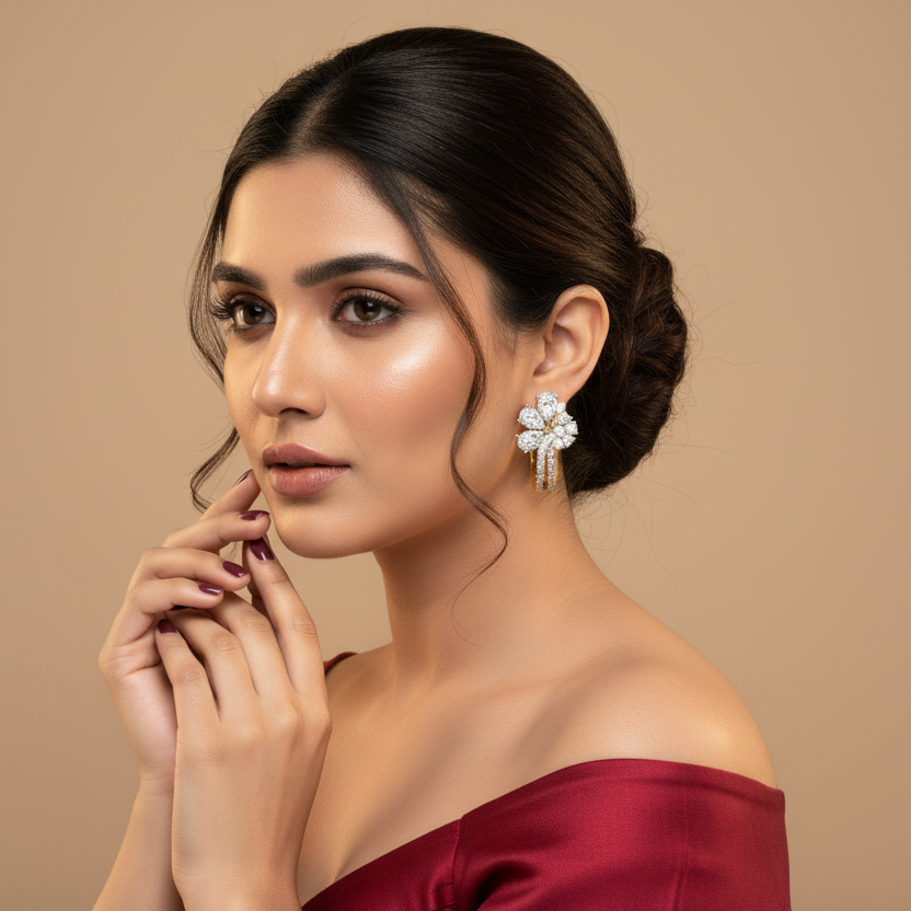 Generated fresh Indian bridal variation - beautiful Indian female model wearing the two-tone yellow gold and white gold diamond cluster hoop earrings, warm backlit lighting on champagne background with rich burgundy silk saree blouse and elegant traditional updo hairstyle