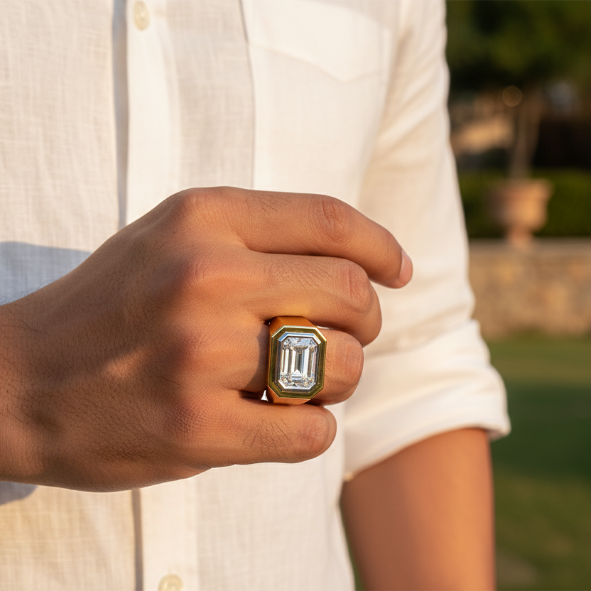 Generated fresh lifestyle variation - handsome Indian male model wearing the two-tone yellow gold emerald-cut diamond bezel signet ring, warm golden hour natural outdoor light with beautiful bokeh background and relaxed refined linen shirt styling